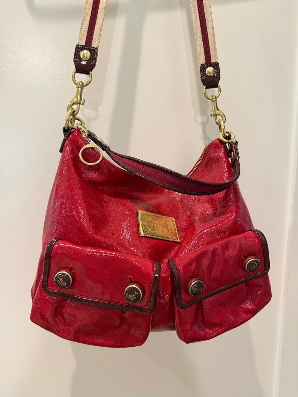 Coach Red Patent Leather Shoulder Bag with Dual Front Pockets